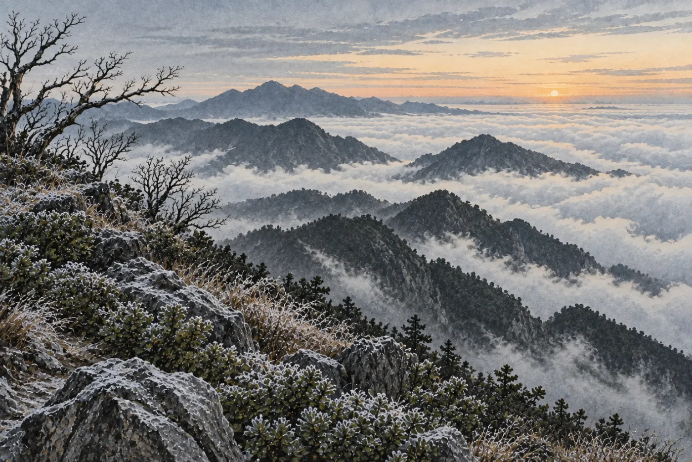 一月霜色山徑與高山雲海