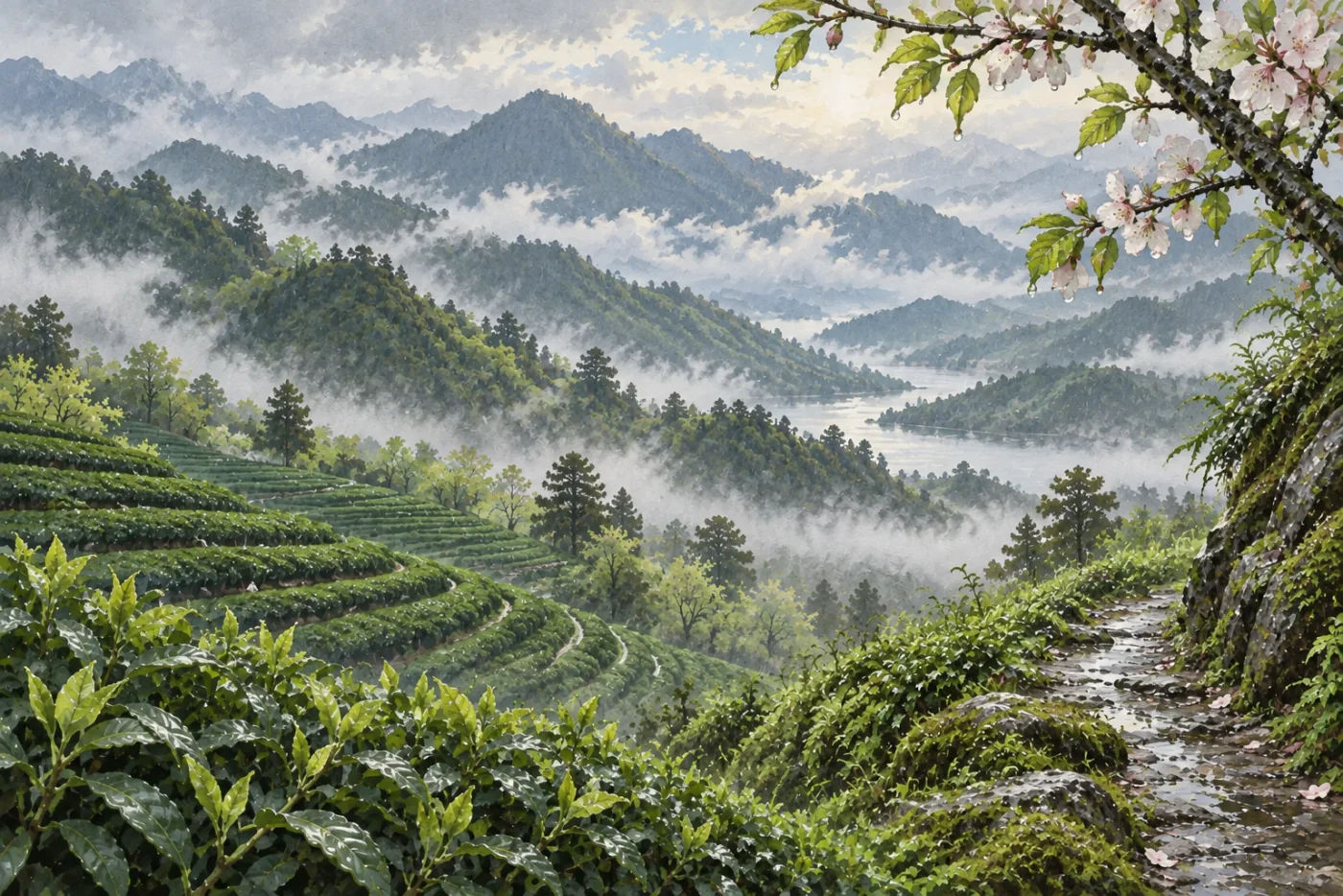 四月春雨中的翠綠茶山