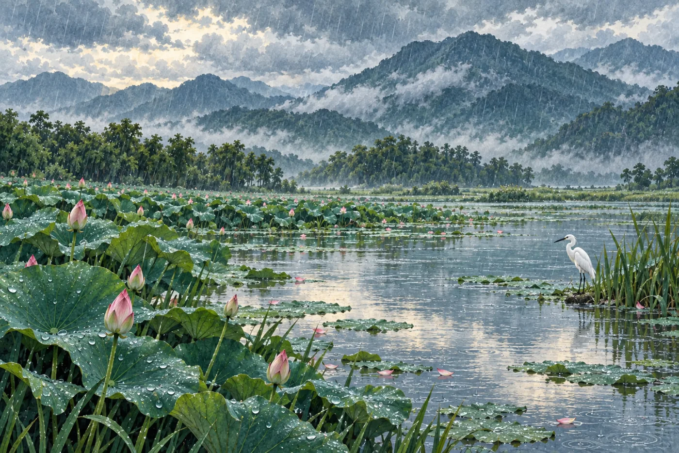 六月梅雨荷芽與白鷺
