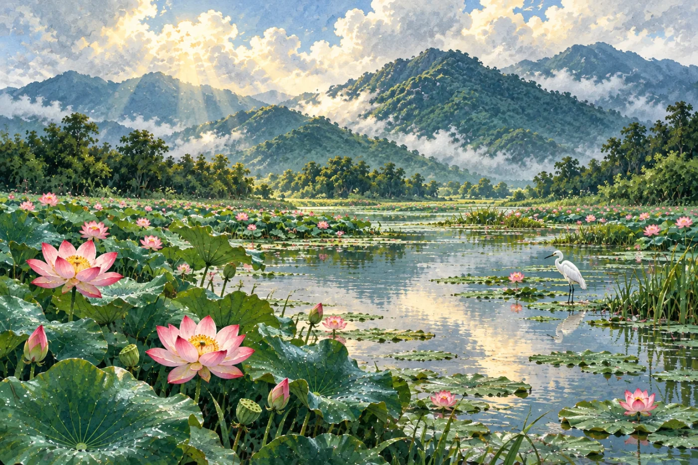 七月盛放荷塘與夏日山嵐