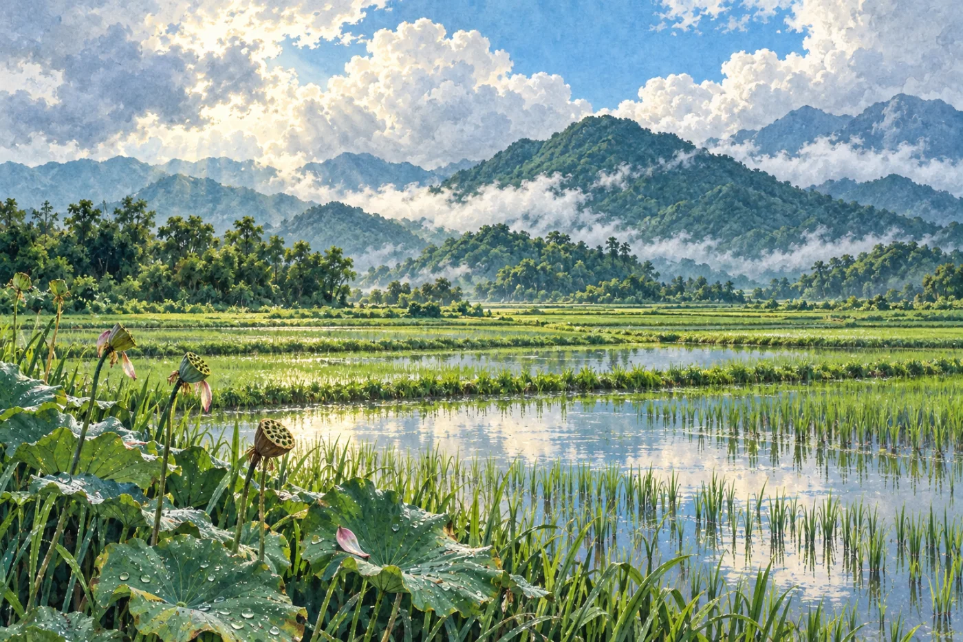 八月晴雨後的水田與蓮蓬