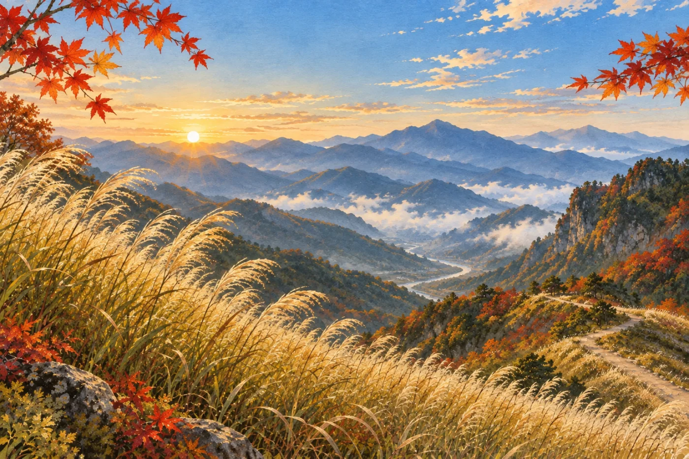 十月金色芒草與楓紅晨光