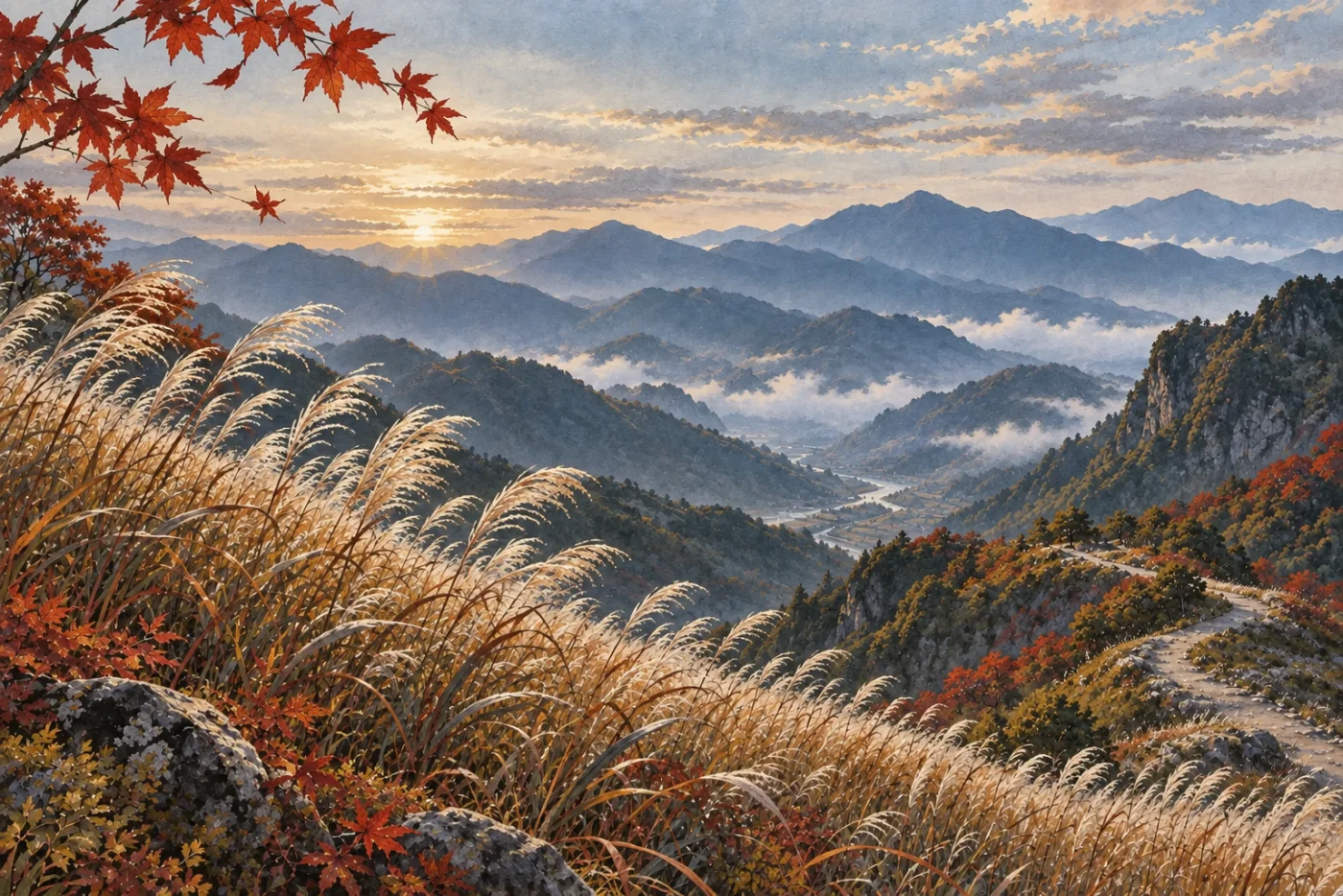 十一月銅紅芒草與深秋山徑