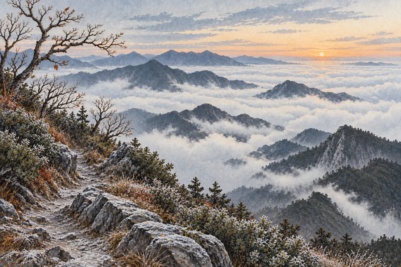 十二月霜色山徑與冬晨雲海